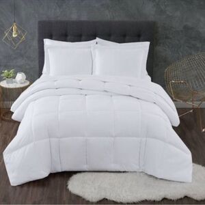 Three piece white antimicrobial odor control comforter set.  From Home Depot